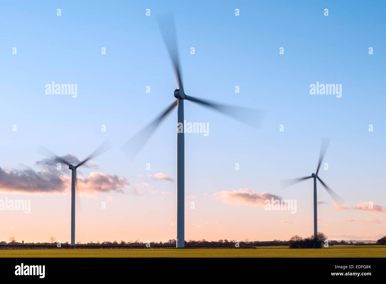Le moderne turbine eoliche in campo al tramonto in una bella serata invernale in Lissett, vicino a Beverley, Yorkshire, Regno Unito. Foto Stock