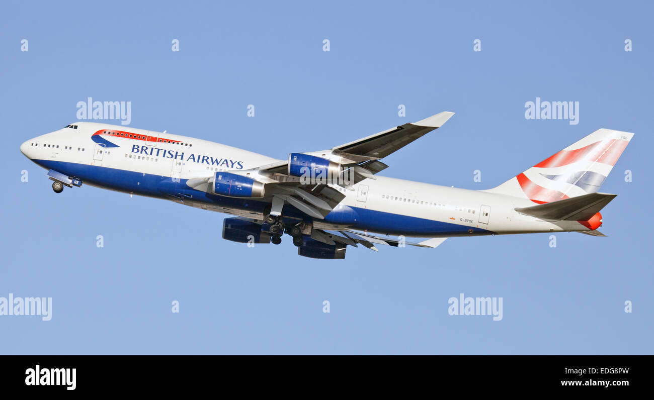 British Airways Boeing 747 G-BYGE in partenza dall'aeroporto di Heathrow LHR Foto Stock