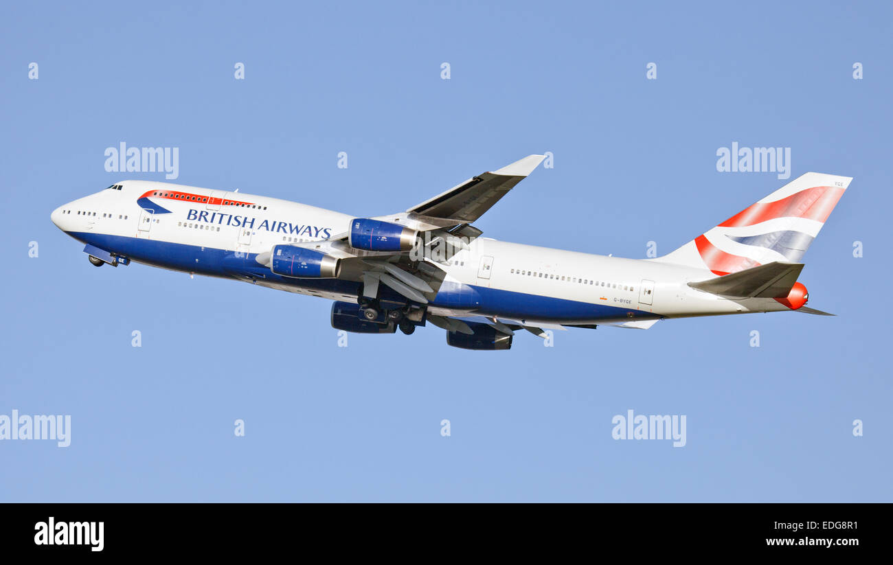 British Airways Boeing 747 G-BYGE in partenza dall'aeroporto di Heathrow LHR Foto Stock