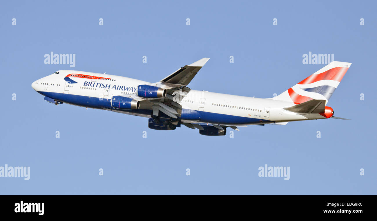 British Airways Boeing 747 G-BYGE in partenza dall'aeroporto di Heathrow LHR Foto Stock