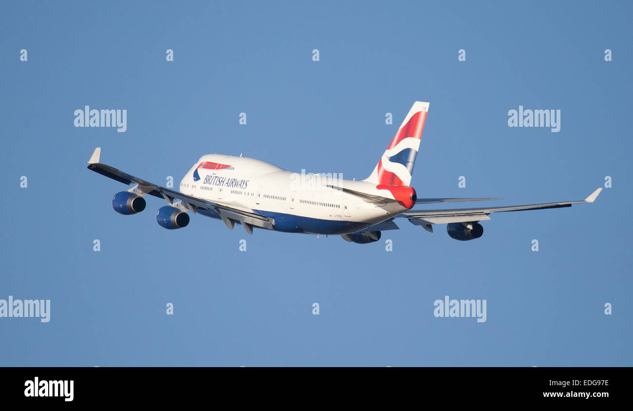 British Airways Boeing 747 G-BYGE in partenza dall'aeroporto di Heathrow LHR Foto Stock