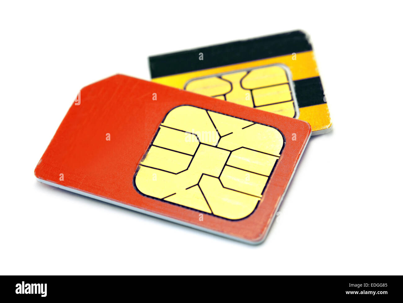 Due carte SIM isolati su sfondo bianco Foto Stock