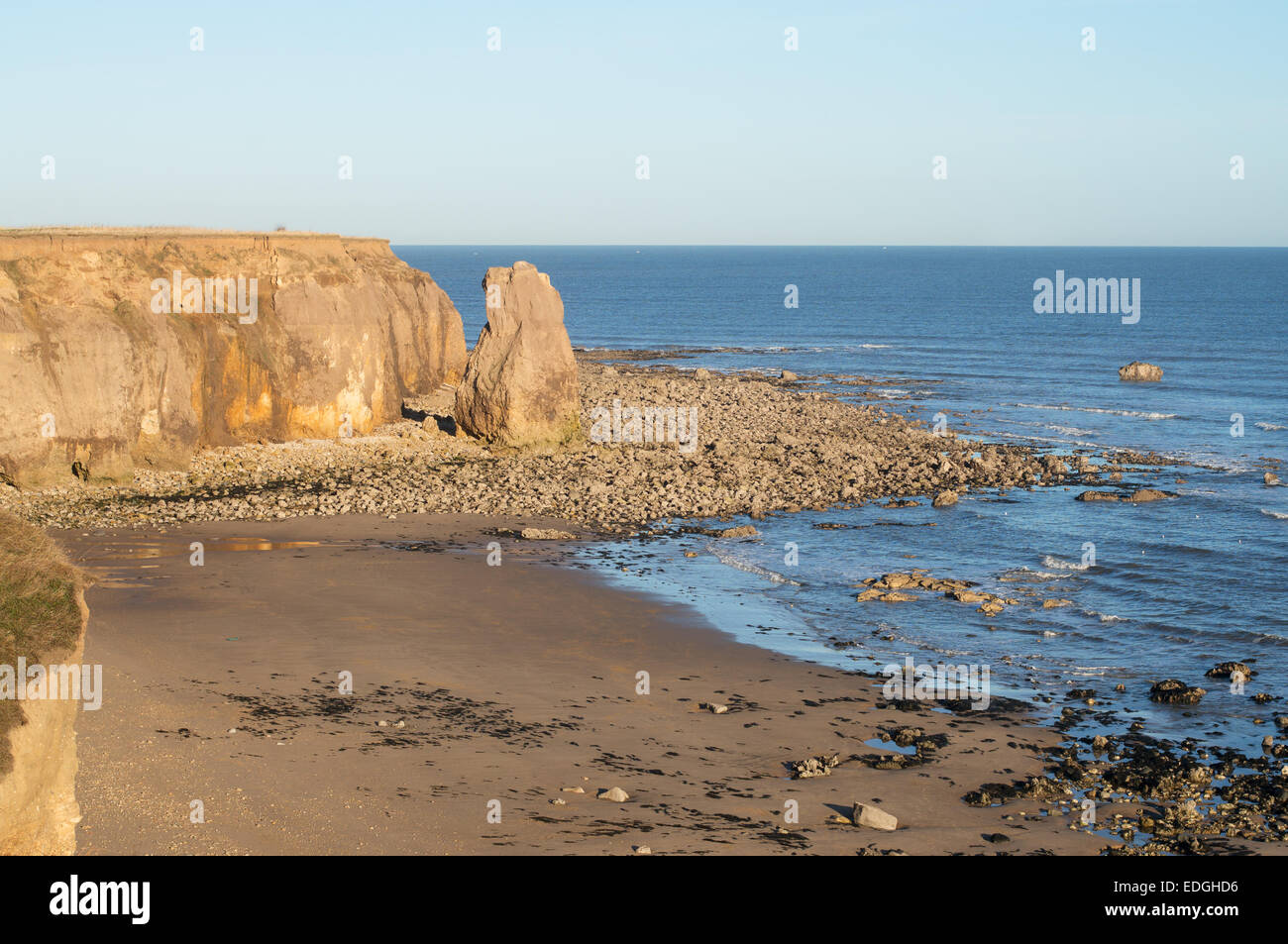 Stack di mare a puntaspilli rocce tra Seaham e Ryhope lungo la North Durham costa, North East England, Regno Unito Foto Stock