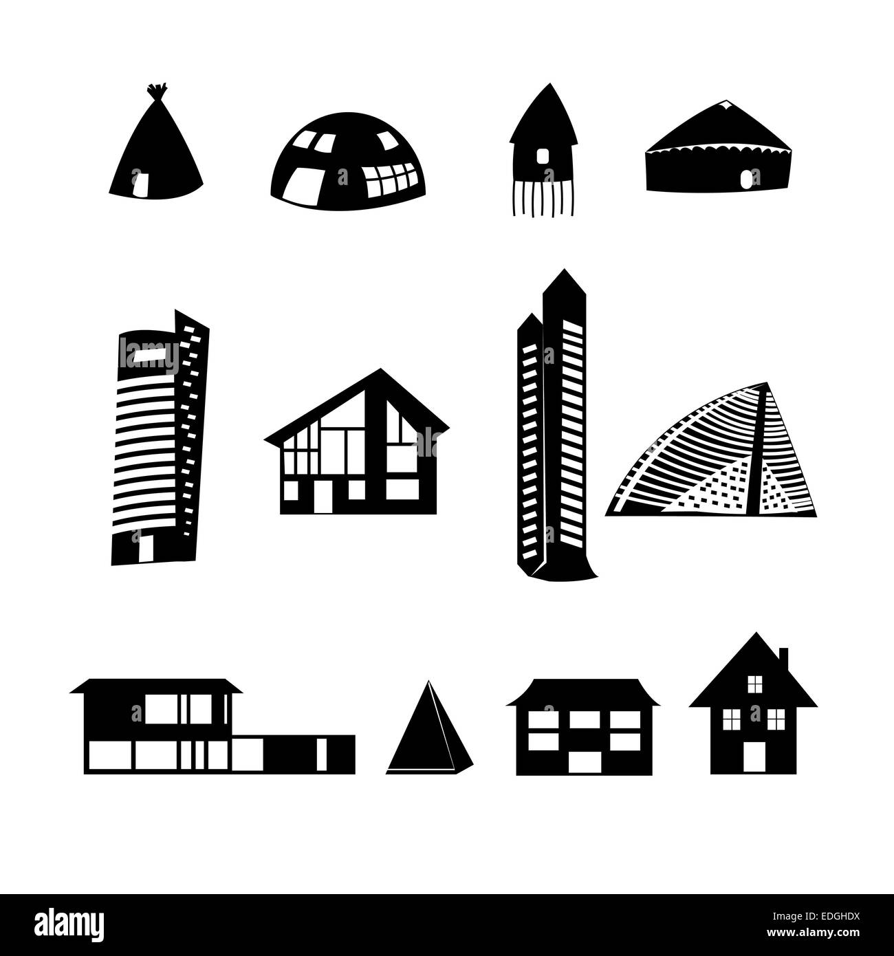 Set di grafici di diversi edifici su sfondo bianco Foto Stock