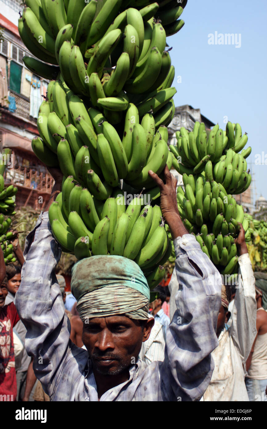 Gli uomini che trasportano le banane in un mercato della frutta vicino a MG Road in Kolkata (Calcutta), India Foto Stock