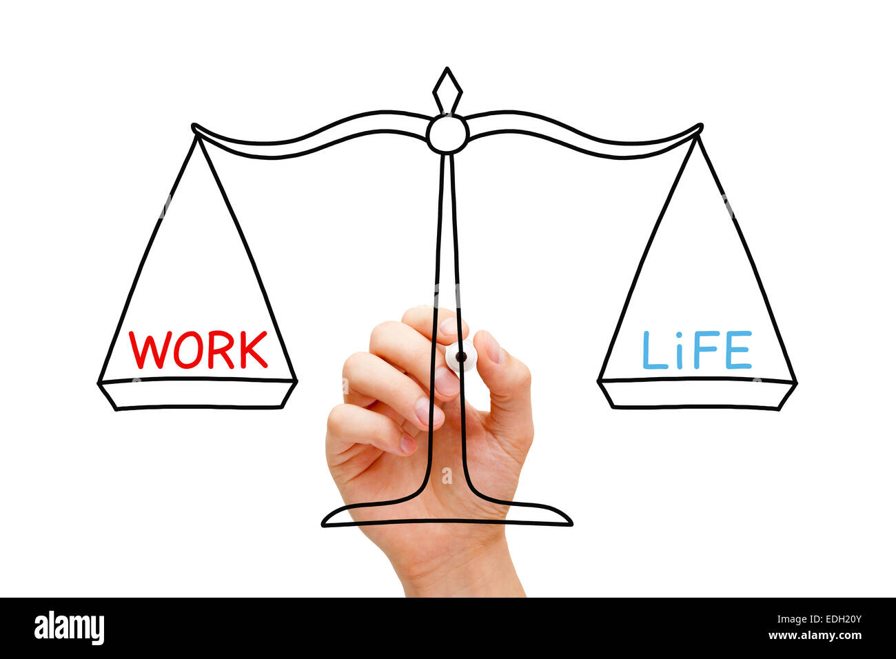 Disegno a mano l'equilibrio tra lavoro e vita familiare il concetto di scala con il pennarello nero su trasparente wipe board isolato su bianco. Foto Stock