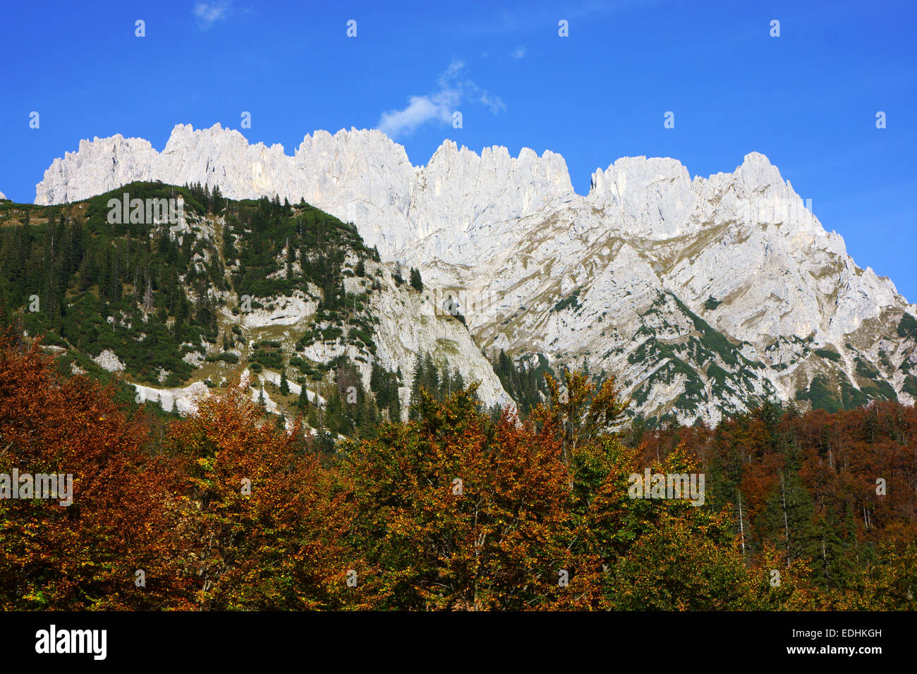Catena montuosa di Wilder Kaiser, Ellmau lato,l'autunno, Alpi di Kitzbühel, Tirol Austria Foto Stock