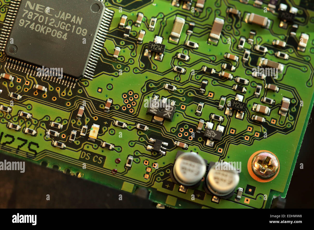 Una scheda a circuito stampato con microchip. Il circuito integrato viene fornito da un computer. Foto Stock