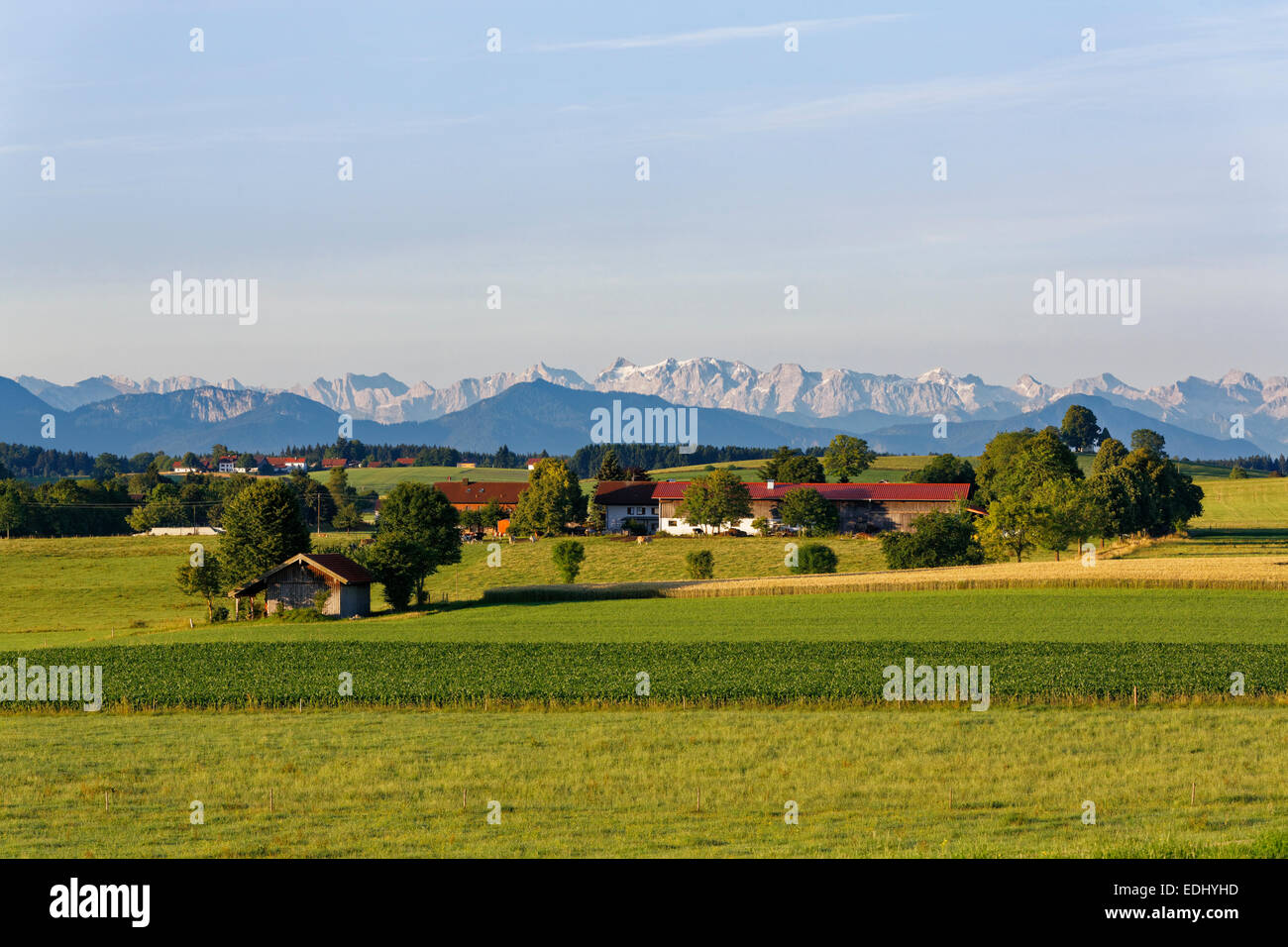 Vista di Münsing sulle Alpi, Alta Baviera, Baviera, Germania Foto Stock