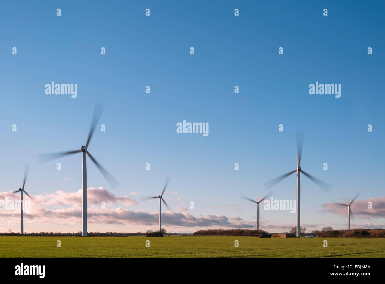 Le moderne turbine eoliche in campo al tramonto in una bella serata invernale in Lissett, vicino a Beverley, Yorkshire, Regno Unito. Foto Stock