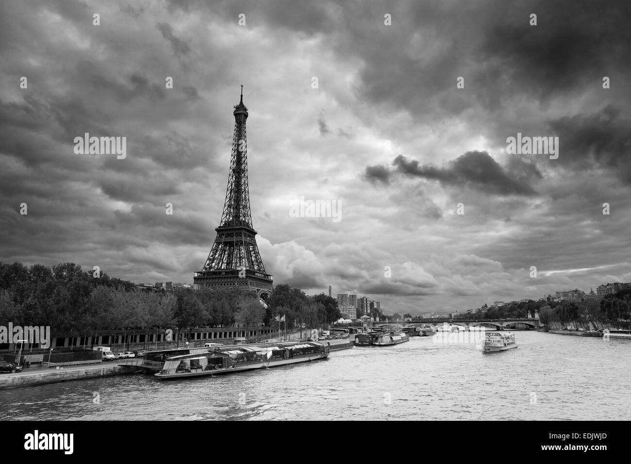 Vista Torre Eiffel a Parigi nella giornata nuvolosa Foto Stock