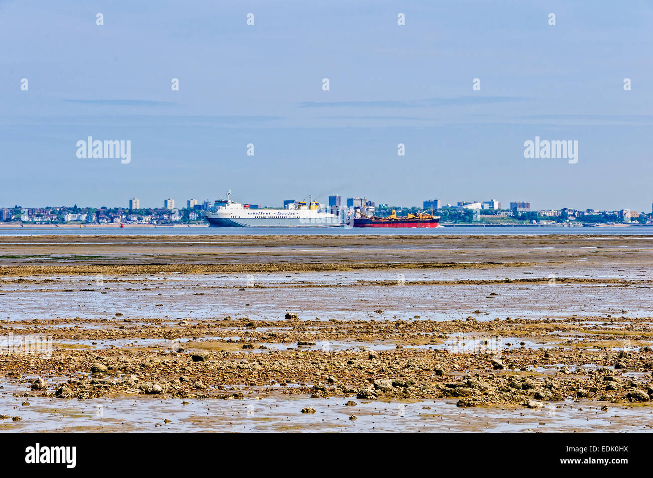 Due navi navigano in direzioni opposte su un tranquillo Fiume Tamigi delimitata da un fangoso shingle beach e un verde paesaggio urbano Foto Stock