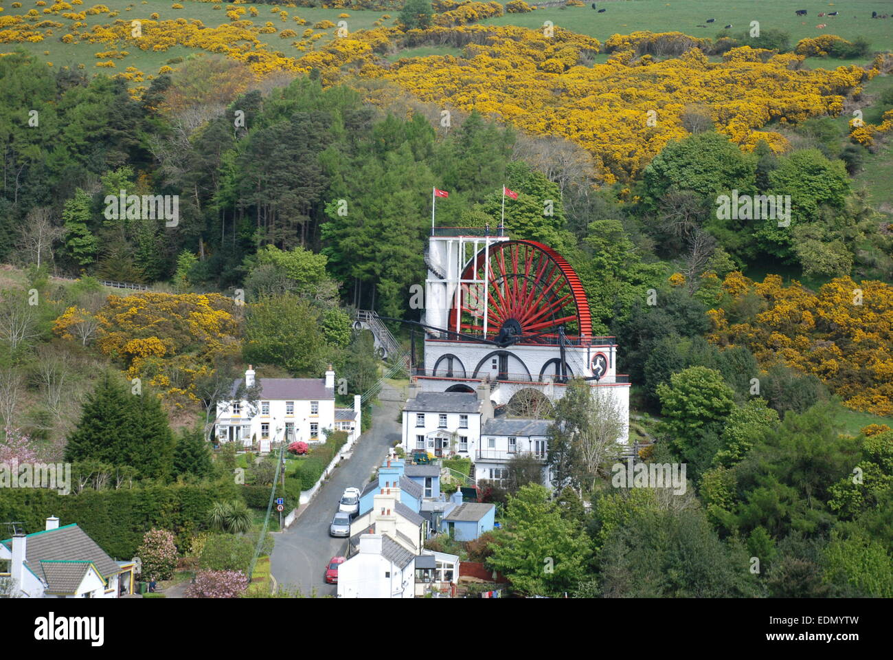 Vista della Laxey Waterwheel sull' Isola di Man Foto Stock