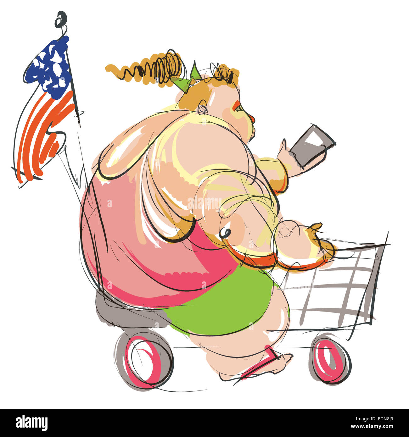 Vignetta satirica illustrazione di un estremamente donna obesa su un sit-in di motorizzati carrello, shopping in uno sconto superst Foto Stock