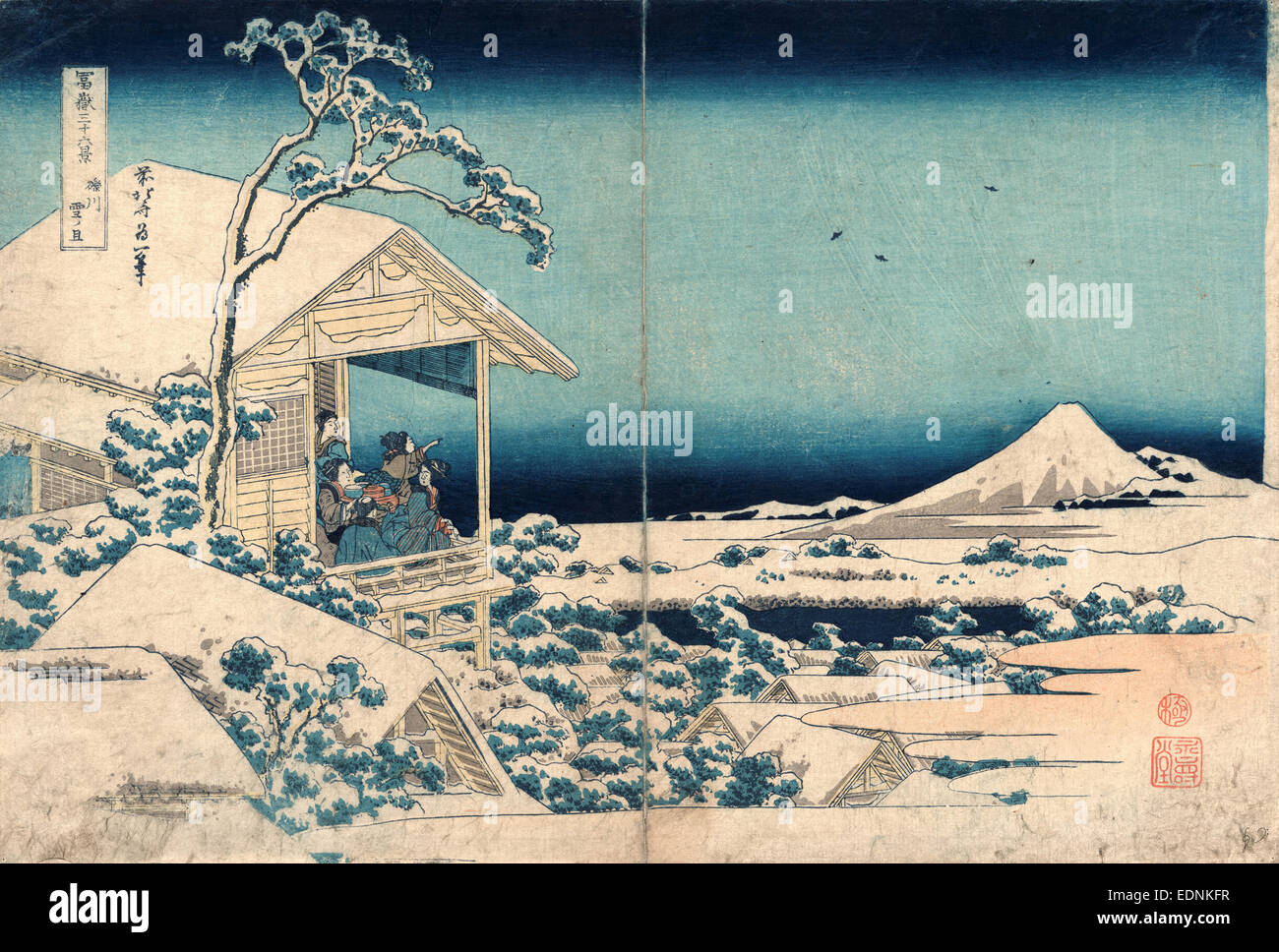 Koishikawa yuki no ashita, Neve a Koishikawa.,, Katsushika Hokusai, 1760-1849, artista [1832 o 1833], 1 stampa : xilografia, colore ; 25,3 x 37,4 cm., stampa mostra diverse donne e un uomo la visione di un paesaggio innevato con il Monte Fuji in background. Foto Stock