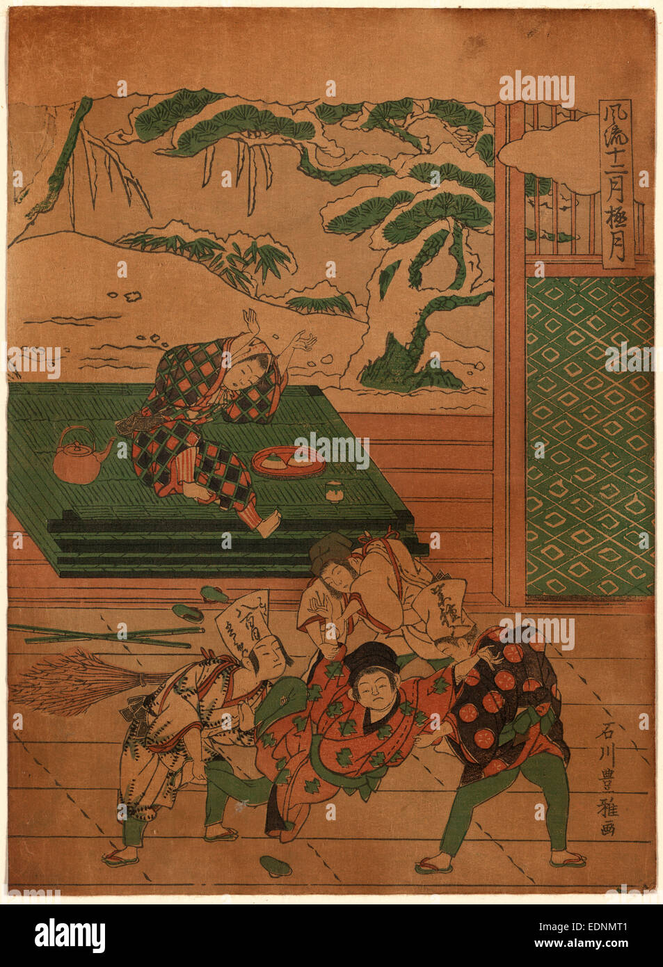 Gokugetsu, il dodicesimo mese, Ishikawa, Toyomasa, active 1770-1790, artista [tra 1764 e 1772, stampato in seguito], 1 stampa : xilografia, colore ; 26,2 x 19 cm., stampa mostra un inverno tea party che è stata interrotta; un ragazzo è stato trascinato via da tre ragazzi e una ragazza seduta con il servizio da tè, è ricalcato a interruzioni. Al di fuori della casa, gli alberi e la terra sono coperti di neve. Foto Stock