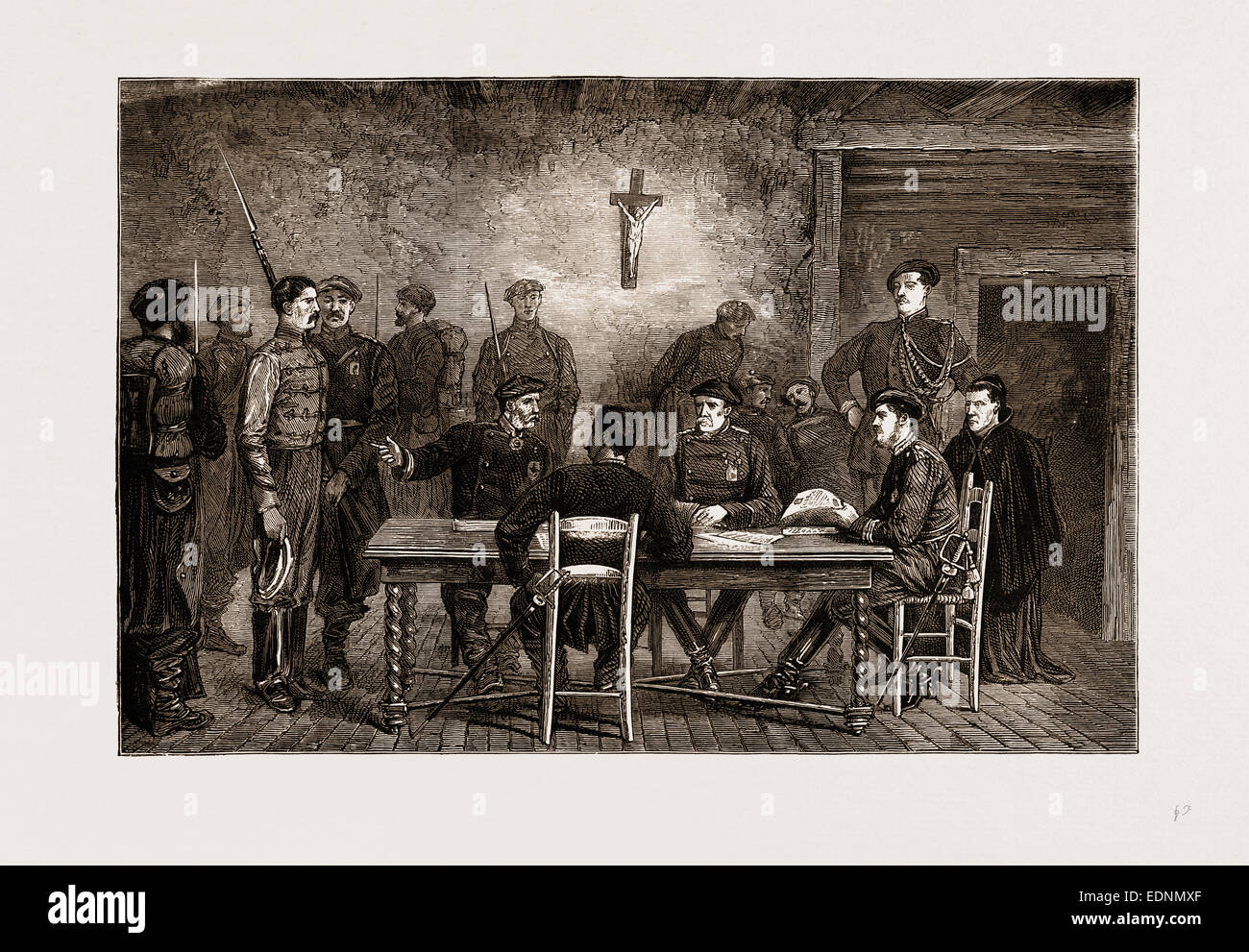 La guerra civile in Spagna, 1875: Un carlisti corte marziale in Andoain (sede delle forze di Guipuzcoa) Foto Stock