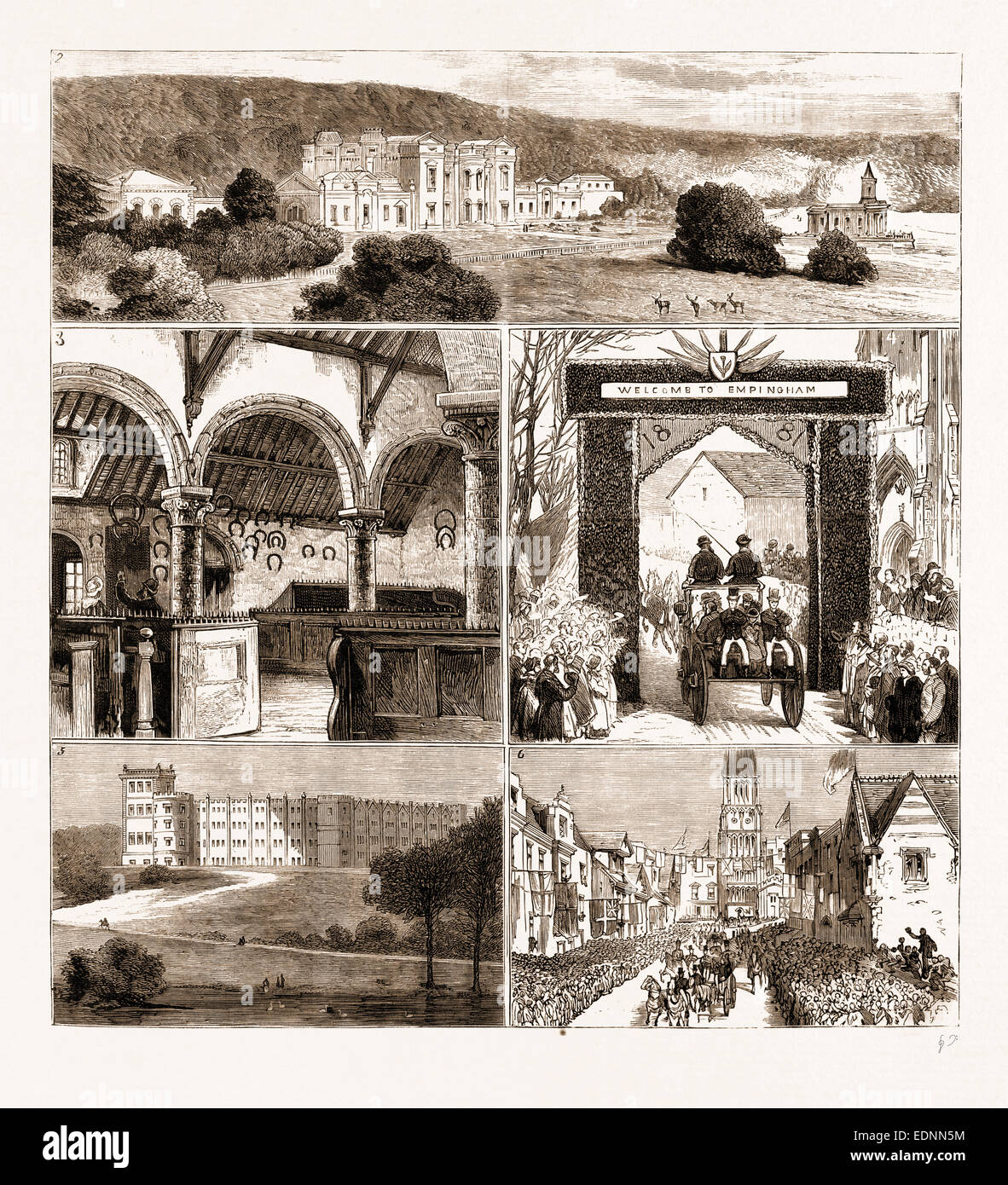 Il principe e la principessa di Galles nelle Midlands, Regno Unito, 1881: 2. Normanton Park Hotel. 3. Il castello di Oakharn, i ferri di cavallo di Oakham Foto Stock