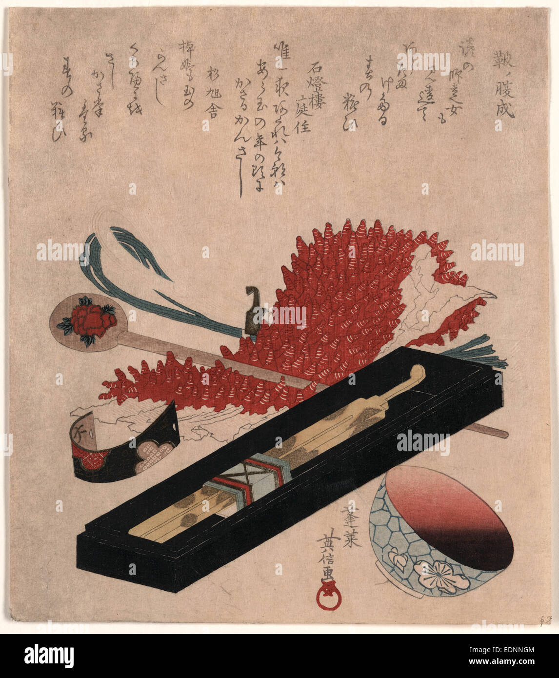 Shibori kanzashi benichoku, Shibori, tornante, labbro e la vaschetta di colore., Horai, Hidenobu, active 1805-1825, artista [tra il 1818 e il 1830, stampato in seguito], 1 stampa : xilografia, colore ; 21 x 18,5 cm., still life disposizione di ornamenti per capelli e articoli da toilette. Foto Stock