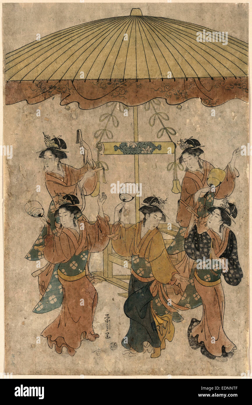 Sumiyoshi, odori Sumiyoshi danza., Hosoda, Eishi, 1756-1829, artista [tra il 1791 e il 1793], 1 stampa : xilografia, colore ; 39 x 25,6 cm., stampa mostra cinque donne che danzano sotto un grande ombrellone durante l annuale di riso piantagione rituale al santuario Sumiyoshi. Foto Stock