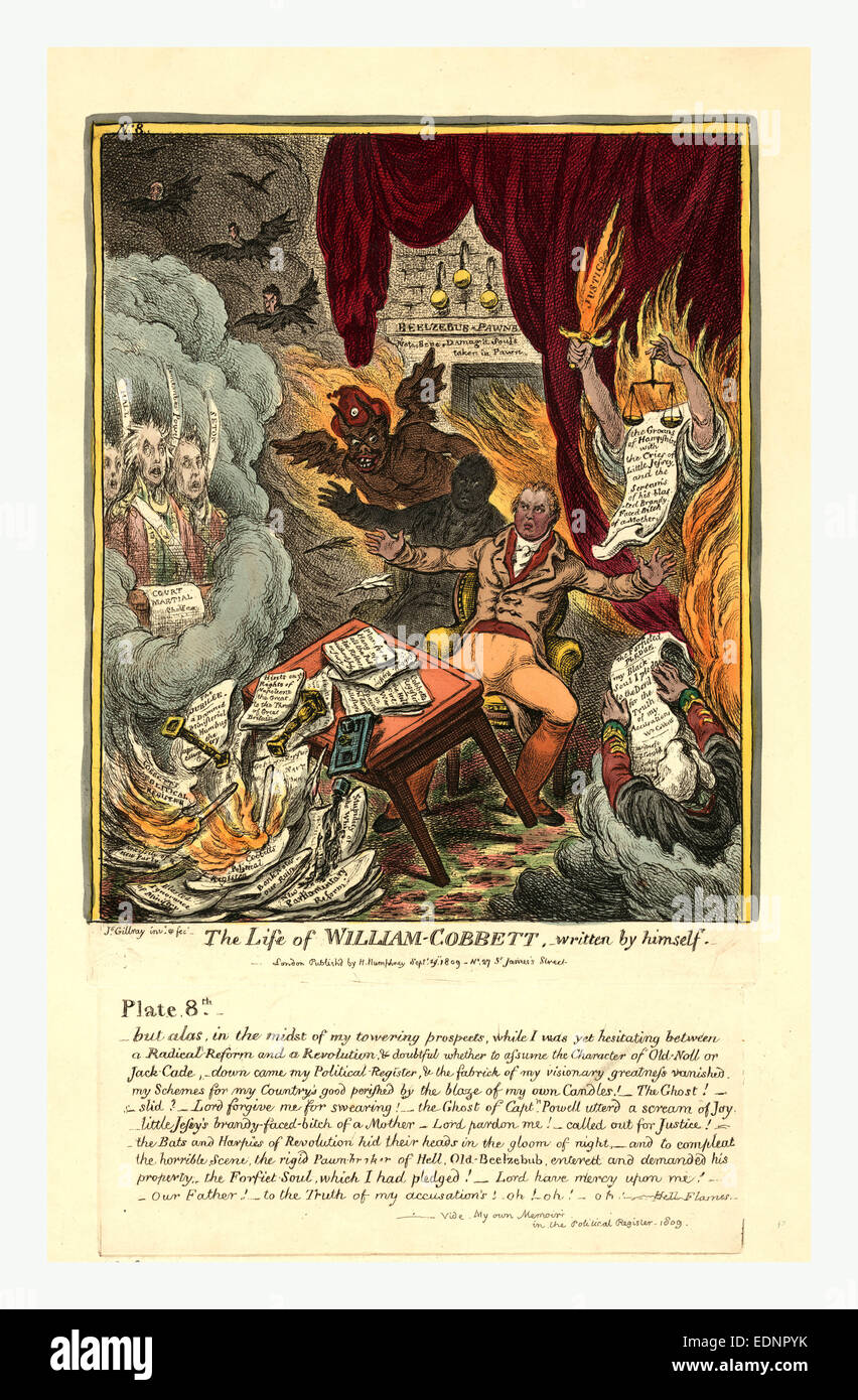 La vita di William Cobbett, incisione 1809, Cobbett circondati dalle fiamme e afflitta da fantasmi, inizia torna nella sua sedia Foto Stock