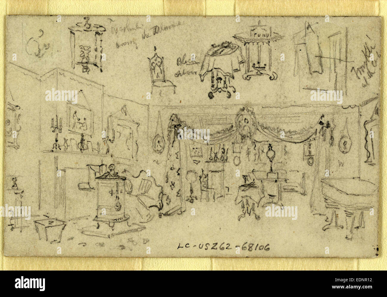 Salone, Abraham Lincoln home, Springfield, Illinois, 1865 può, disegno su carta crema matita, 9,9 x 6,4 cm. (Foglio), da Alfred R Waud, 1828-1891, un artista americano famoso per la sua Guerra civile americana bozzetti, America, USA, 1862-1865, da Alfred R Waud, 1828 Foto Stock