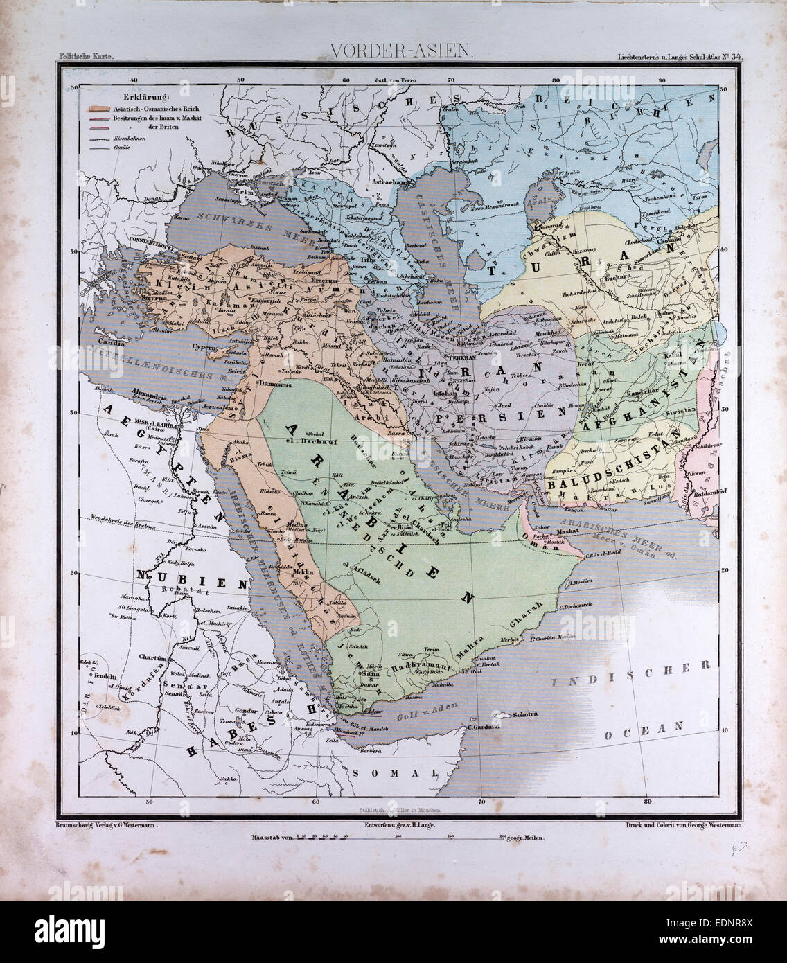 Asia occidentale o Ovest Asia, atlas da Th. von Liechtenstern e Henry Lange, antichi mappa 1869 Foto Stock
