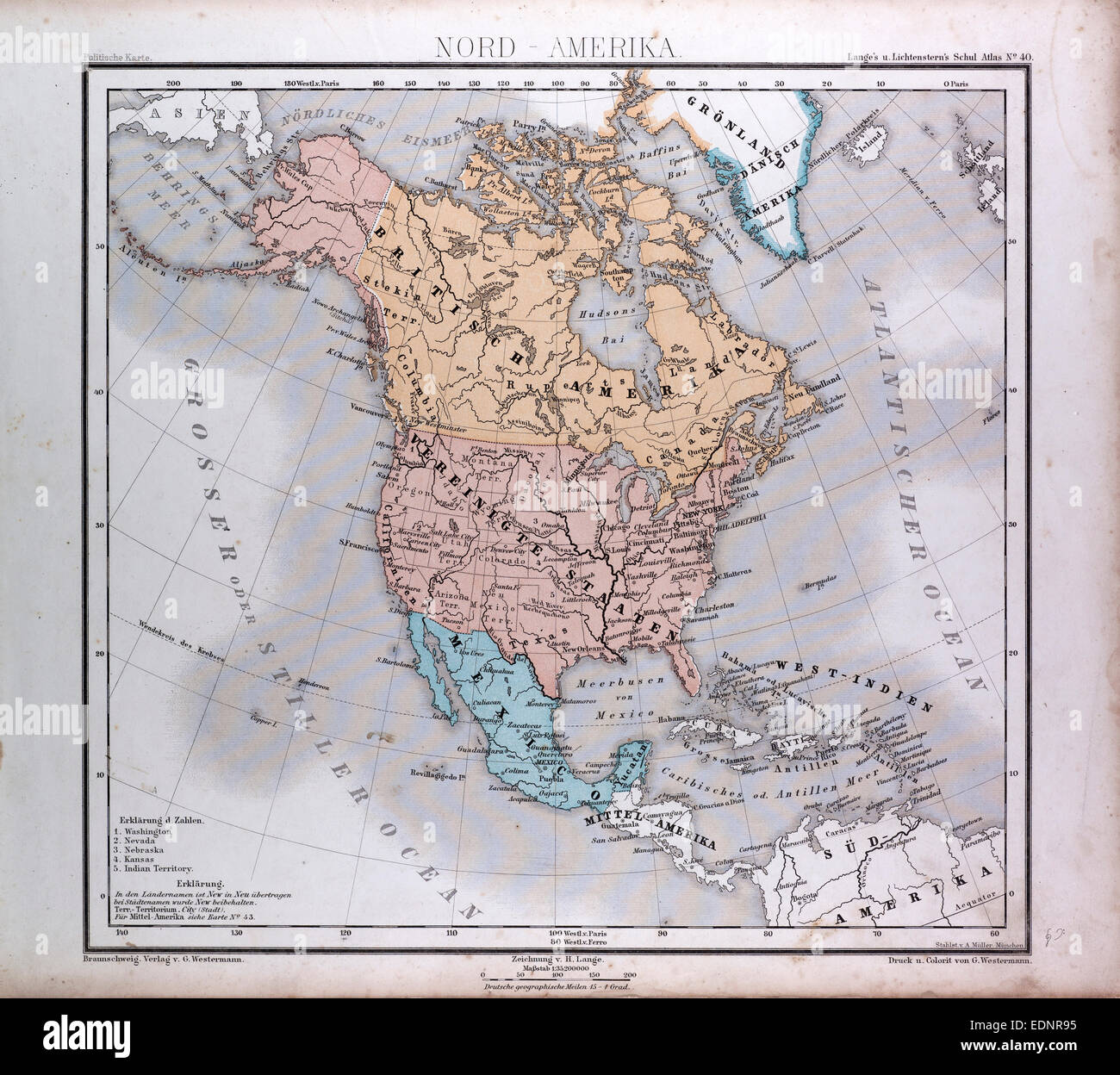 Mappa del Nord America, Atlas da Th. von Liechtenstern e Henry Lange, antichi mappa 1869 Foto Stock