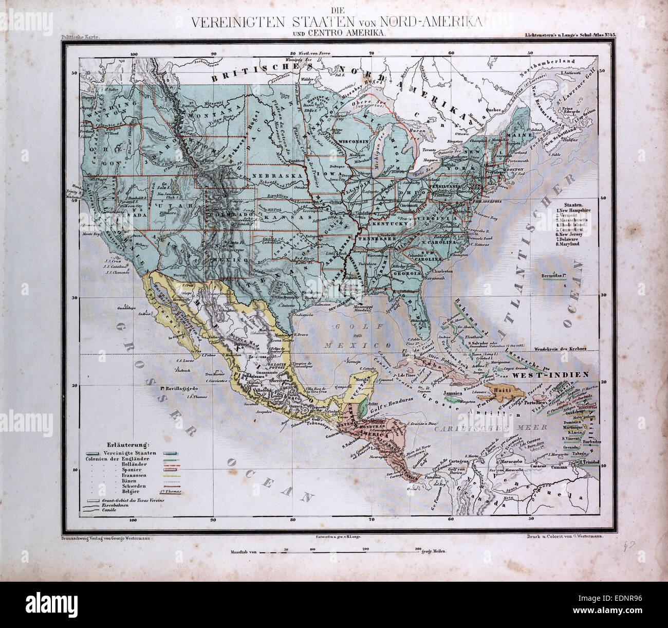 America del Nord e America centrale, atlas da Th. von Liechtenstern e Henry Lange, antichi mappa 1869 Foto Stock