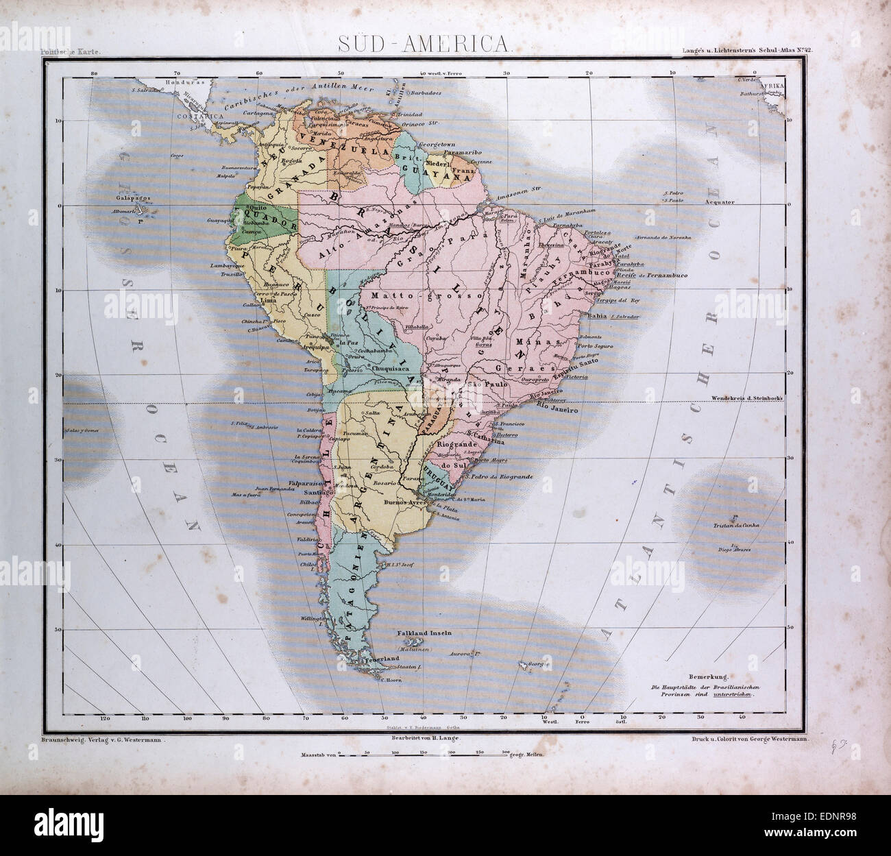 Sud America Mappa, atlas da Th. von Liechtenstern e Henry Lange, antichi mappa 1869 Foto Stock