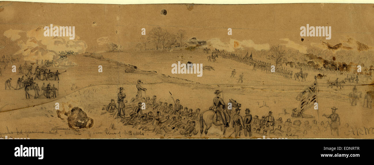 Couchs hd.quarti e successivamente centro della nostra linea di battaglia, 1863 Maggio 3, disegno su carta marrone matita, marrone a lavare e cinese Foto Stock