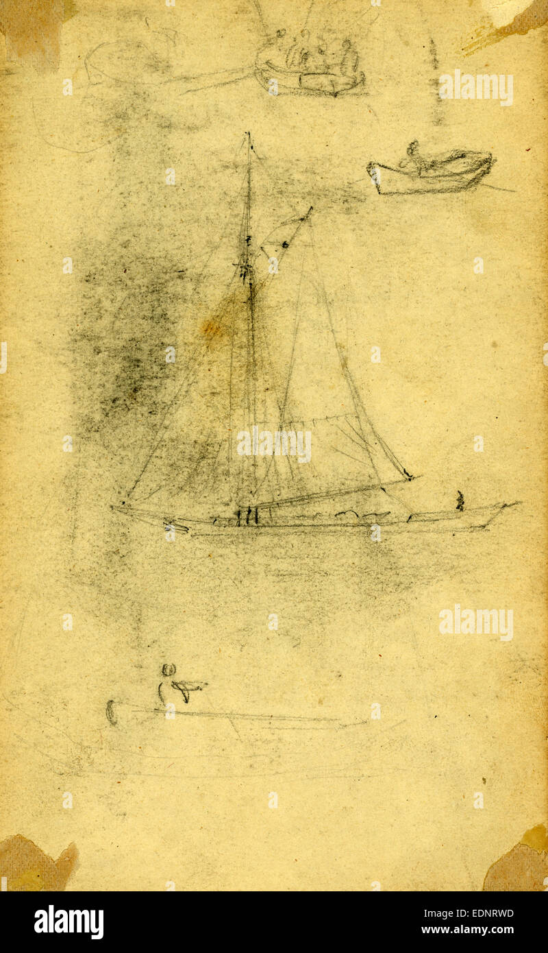 Piccole barche a vela e le imbarcazioni a remi, tra il 1860 e il 1865, disegno su carta crema matita, 10.3 x 18.1 cm. (Foglio), 1862-1865 Foto Stock