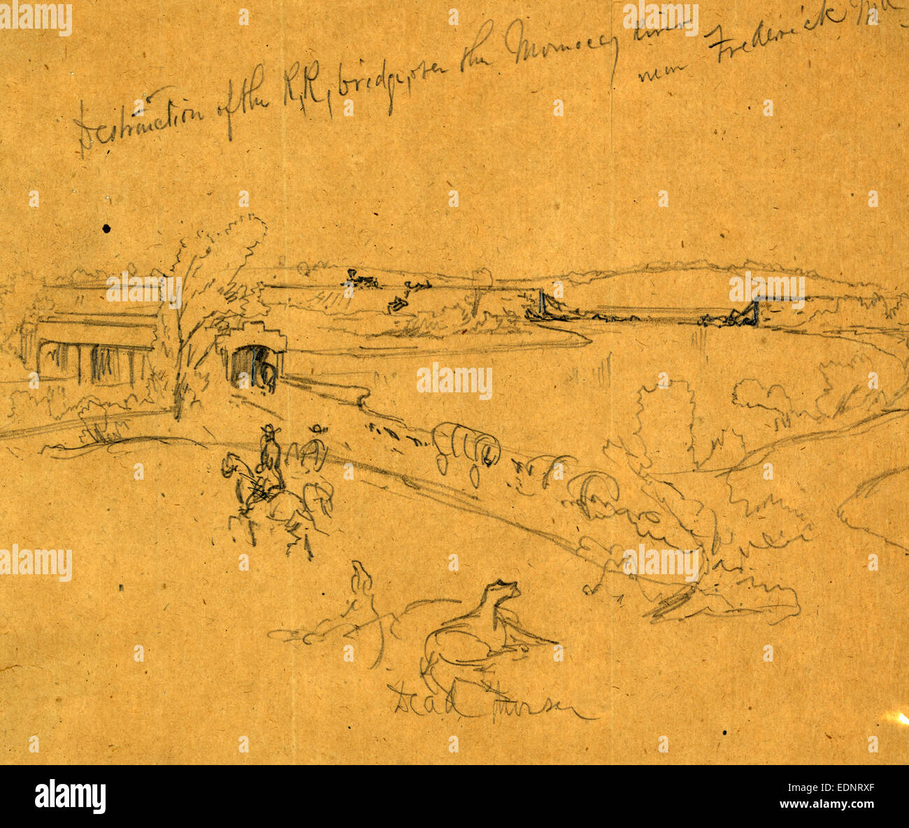 Distruzione del R.R. ponte sopra il fiume Monocacy vicino a Federico, MD, 1864 Luglio 9, disegno su tan matita di carta Foto Stock