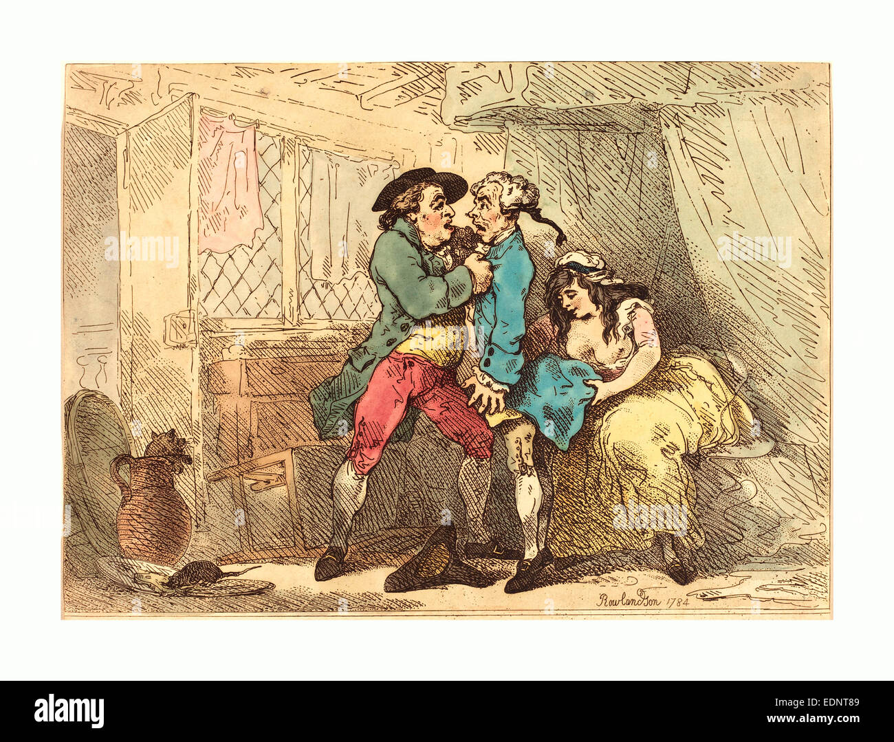 Thomas Rowlandson, britannico, 1756 1827, a Cully saccheggiato, probabilmente 1784 1785, colorate a mano l'attacco Foto Stock