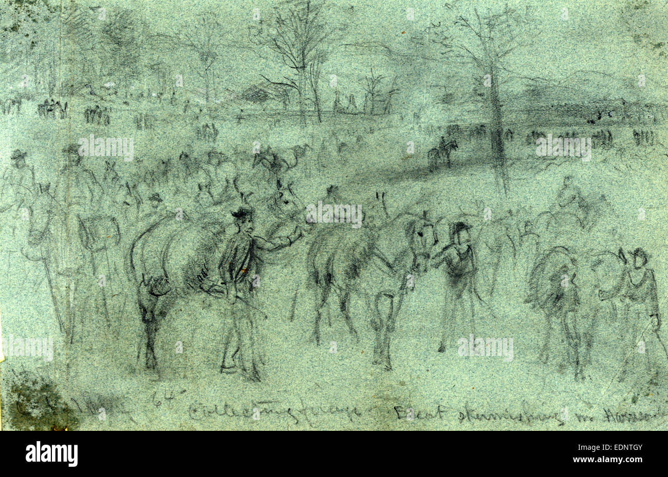 La raccolta di foraggio. Escort skirmishing n. Harrison, 1864 Ottobre, disegno su carta blu matita Foto Stock