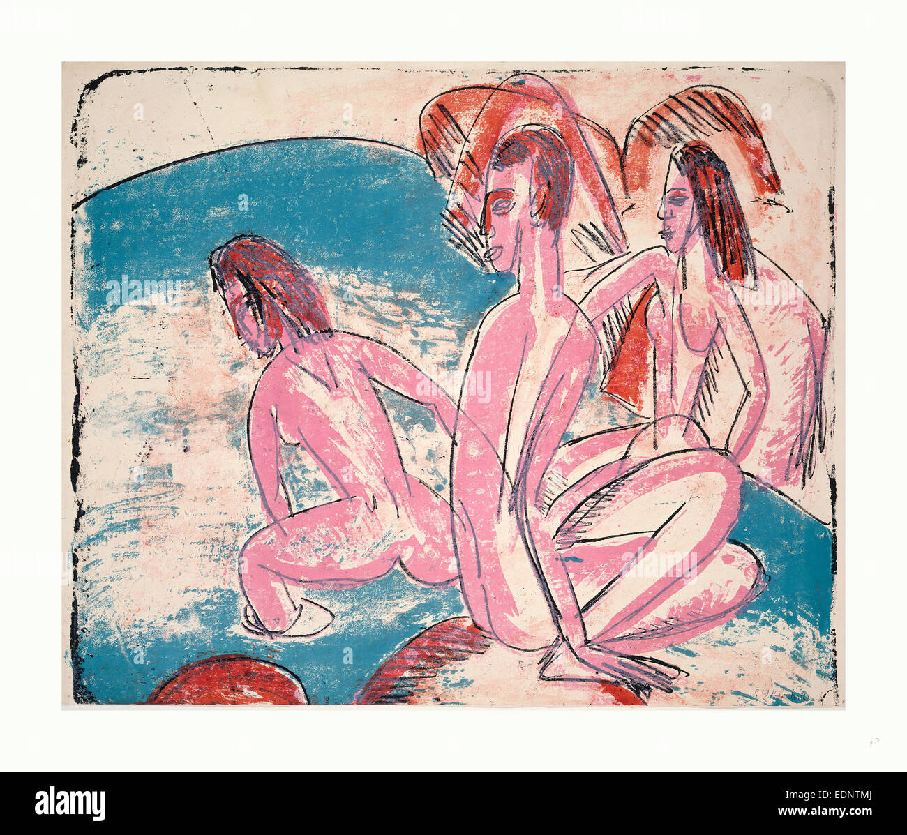 Ernst Ludwig Kirchner, tre bagnanti da pietre (Drei Badende un Steinen), tedesco, 1880 1938, 1913, litografia in rosa, blu Foto Stock