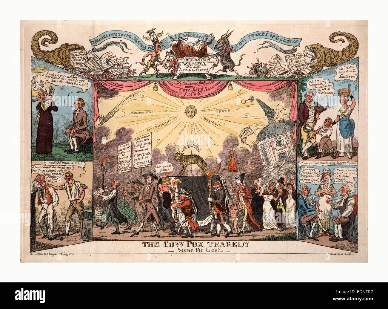 La tragedia cowpox, scena l'ultimo, Cruikshank, George, 1792-1878, artista, London, 1812, il corteo funebre che mostra etichetta del feretro Foto Stock