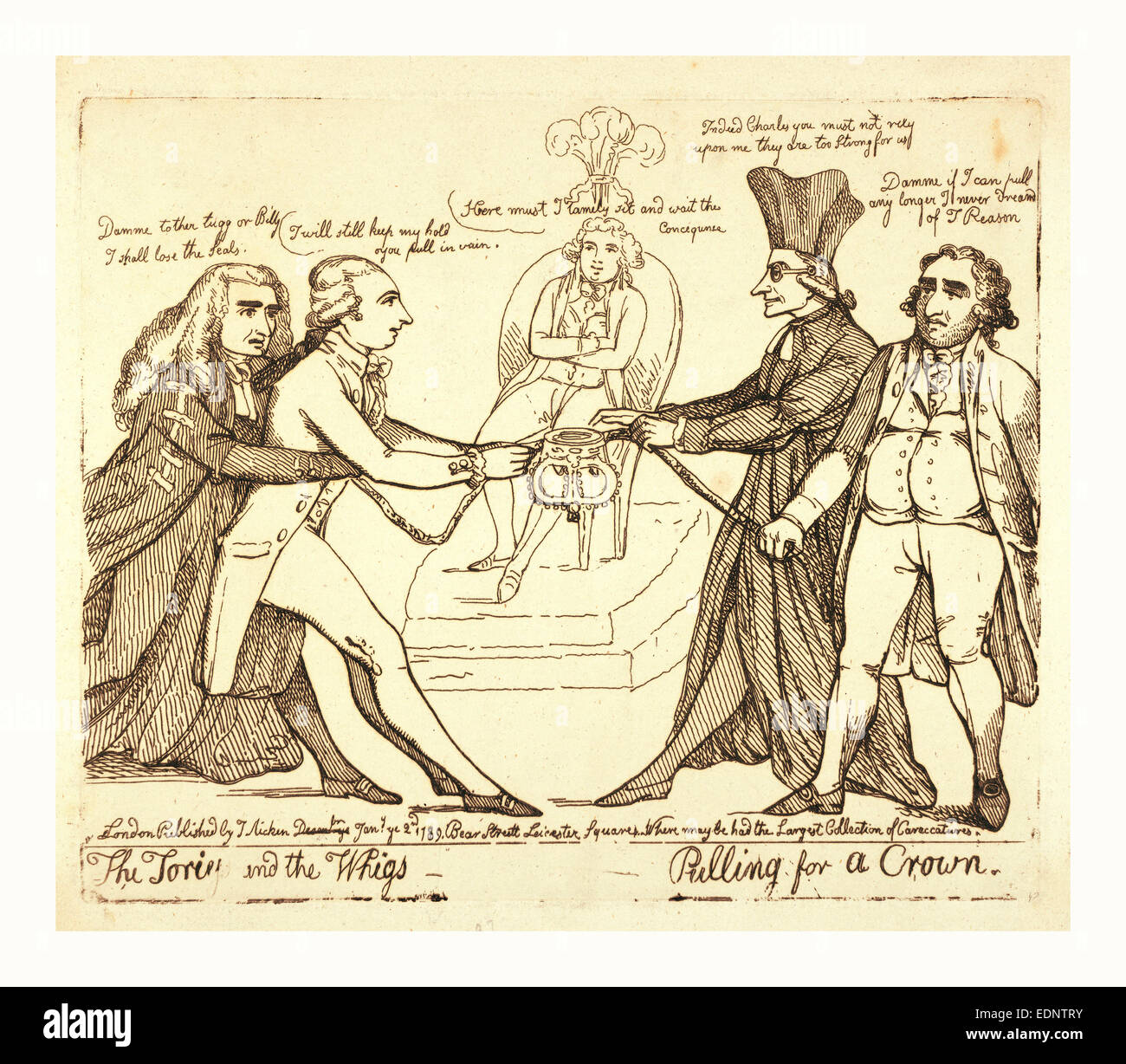 I Tories e Whigs tirando per una corona, London, 1789, George, Principe di Galles, seduti su un trono in background Foto Stock