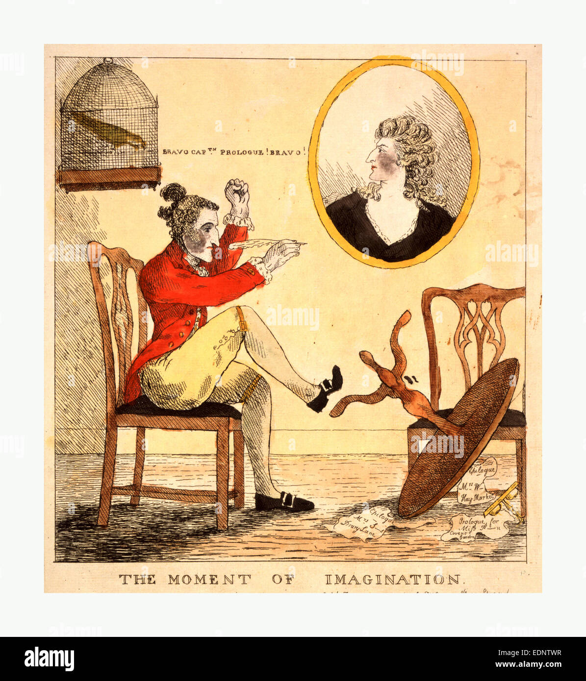 Il momento di immaginazione, incisione 1785, Edward Topham, una penna in mano, ha appena preso a calci oltre la sua circolare tabella di scrittura Foto Stock