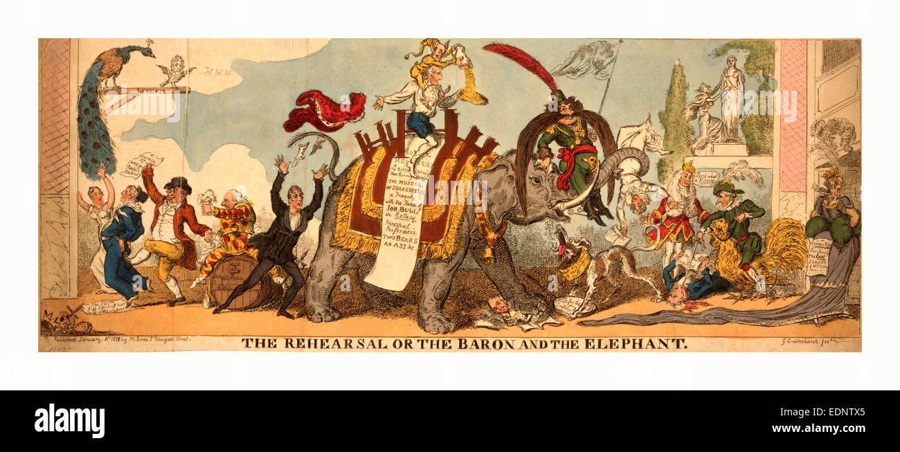 La prova o il barone e l'elefante, Cruikshank, George, 1792-1878, incisione 1812, una satira Foto Stock