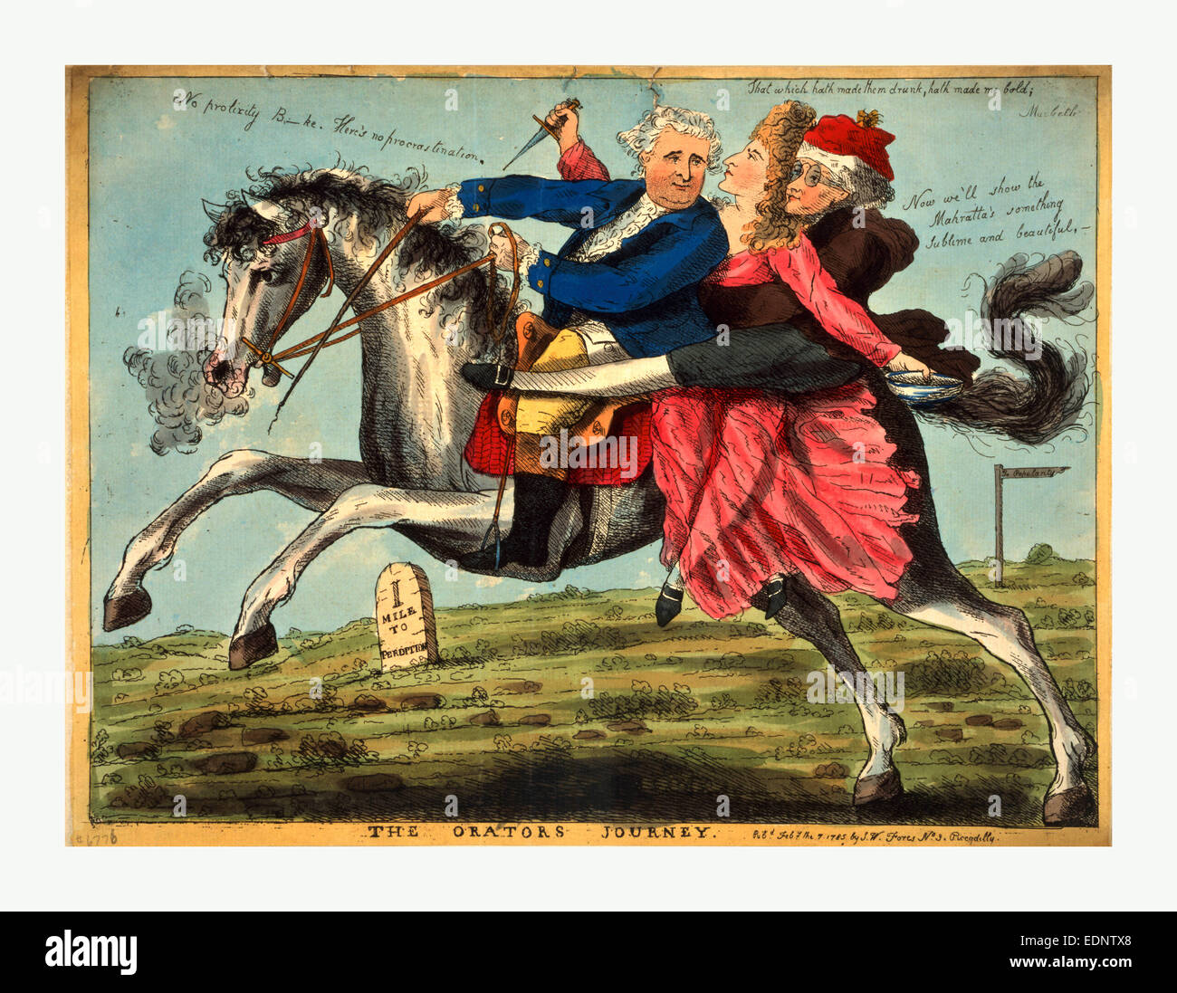 Il viaggio di oratori, incisione 1785, Charles James Fox, la sig.ra Siddons e Edmund Burke su un cavallo al galoppo accanto a una fase cardine Foto Stock