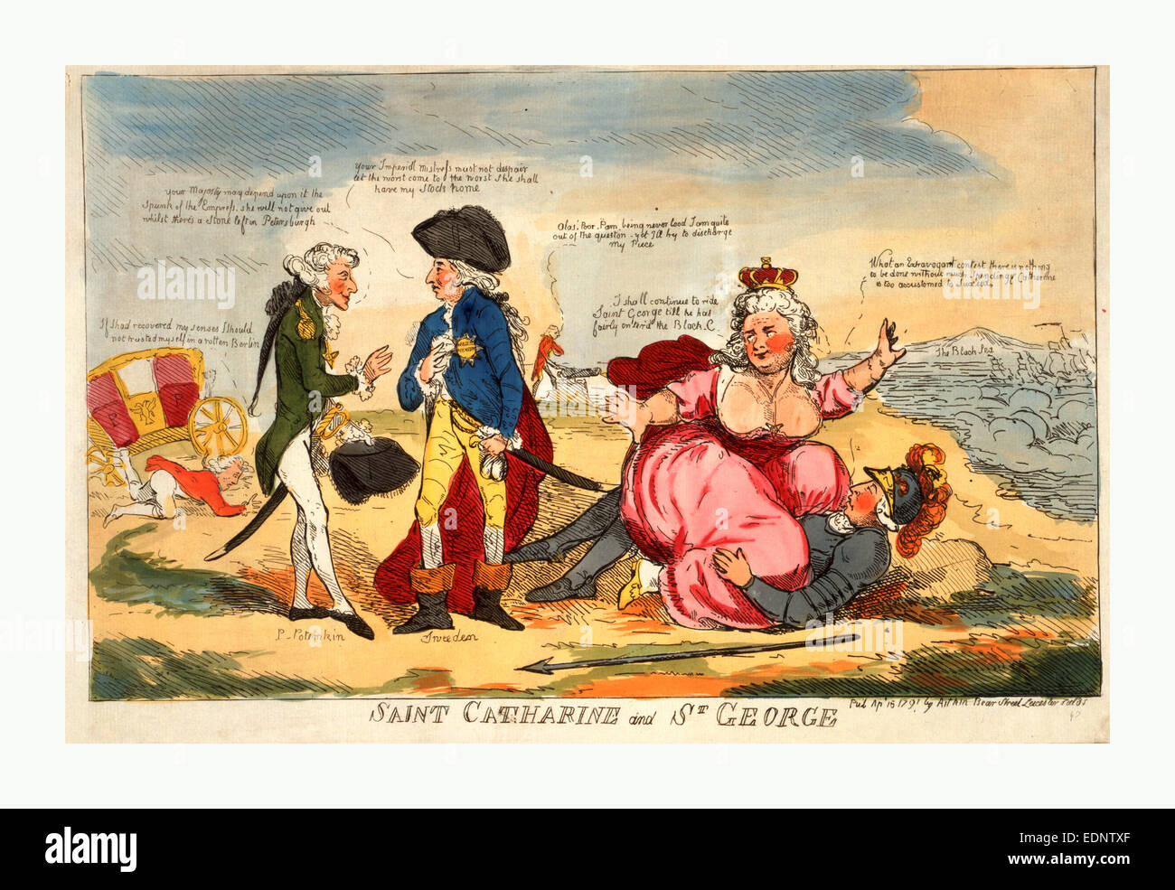 Saint Catharine e San Giorgio, incisione 1791, Potemkin indirizzamento di un uomo identificato come la Svezia con il suo ritorno a Caterina II Foto Stock