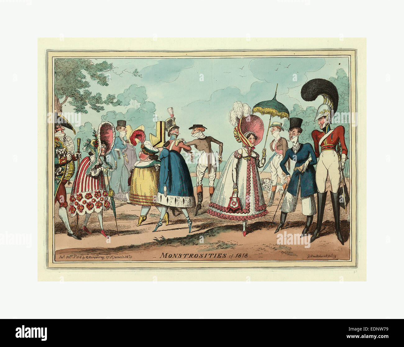 Mostruosità di 1818, incisione 1818, inusuali stili di abbigliamento di moda maschile quanto femminile, in particolare abiti e cappelli Foto Stock