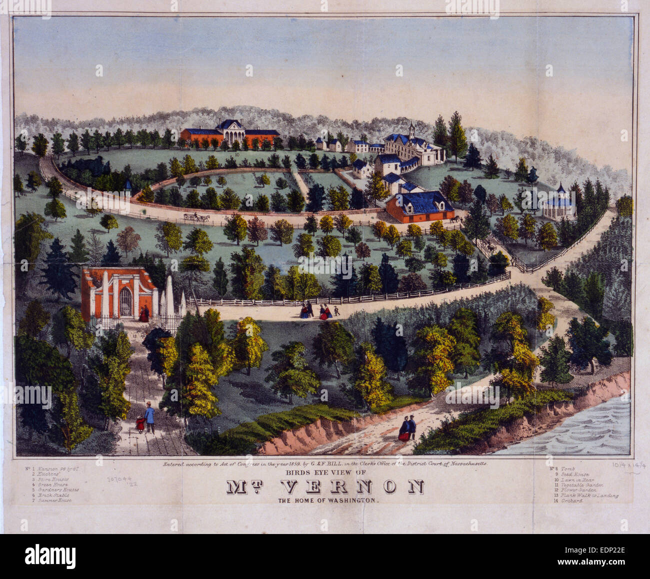 Birds Eye view di Mt. Vernon la casa di Washington; G. & F. Bill (Azienda); c1859.; 1 stampa : Litografia, colorate a mano Foto Stock