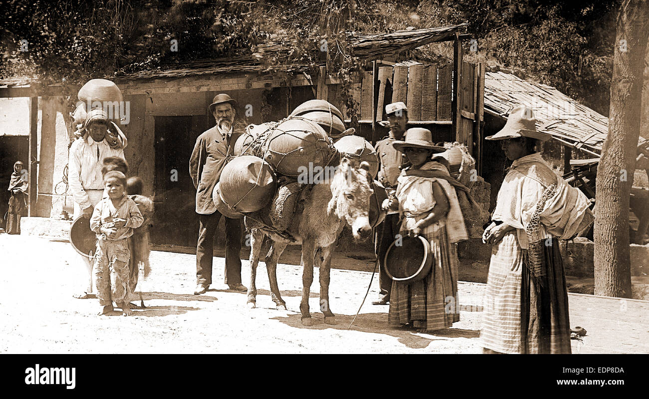 Scena di strada, Città del Messico, Jackson, William Henry, 1843-1942, asini, venditori ambulanti, strade, Messico, Città del Messico, 1880 Foto Stock