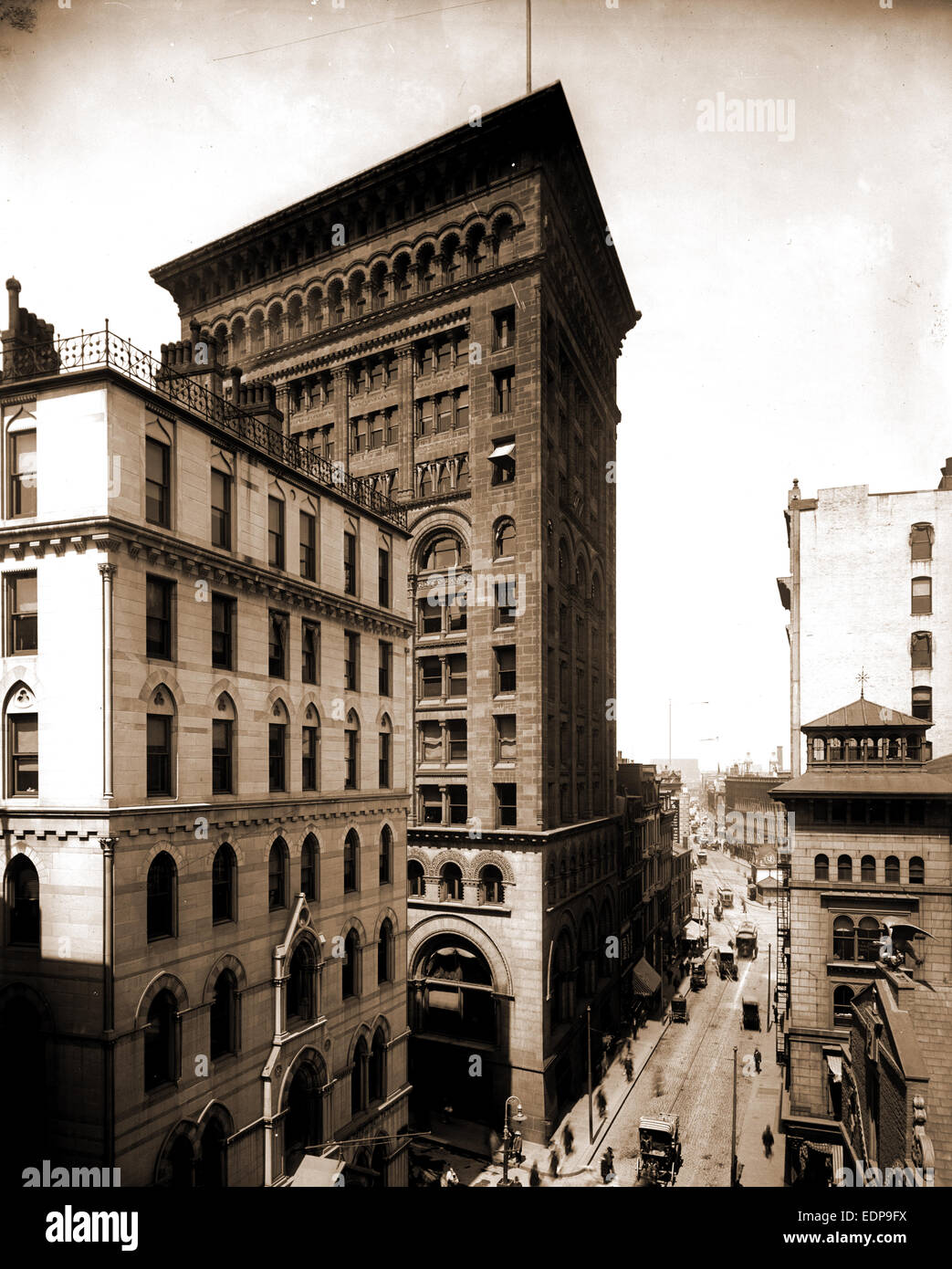 Ames edificio e Washington Street, Boston, edifici per uffici, strutture commerciali, grattacieli, strade, Stati Uniti Foto Stock