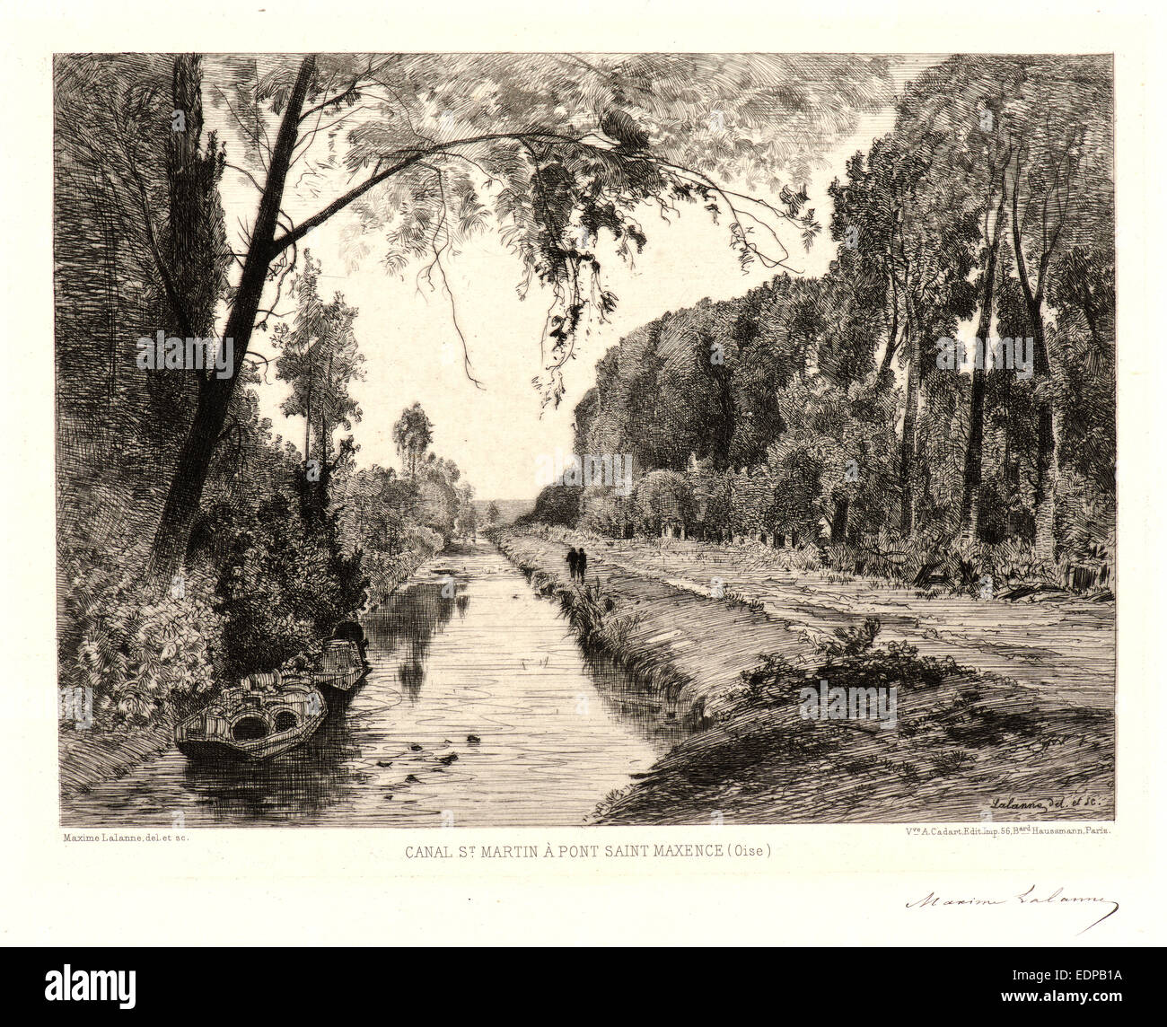 Maxime Lalanne (francese, 1827 - 1886). Canal St Martin a Saint Maxence ponte (Canal St Martin à Pont Saint Maxence, Oise) Foto Stock