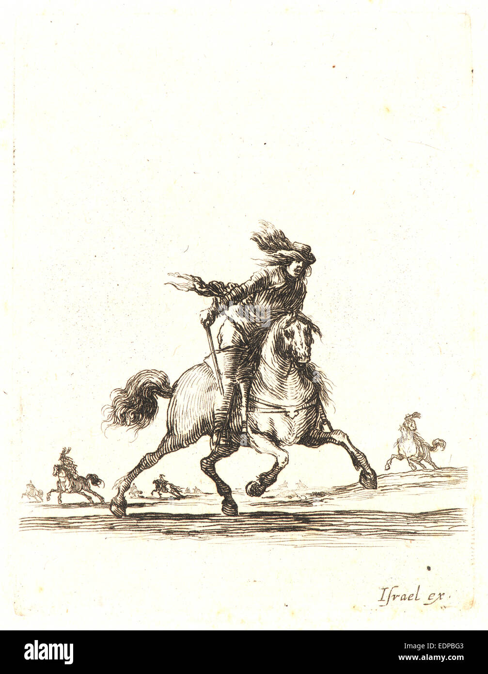 Stefano Della Bella (italiano, 1610 - 1664). Cavalier qui court vers le devant, 1642- 1645. Da esercizi subacquei des cavaliers Foto Stock