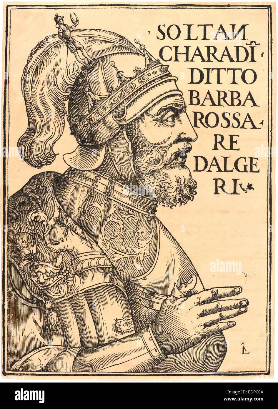 Luca Antonio de Giunta (italiano, attivo 1506-1522). Soltan Charadin, Barbarossa ri Dalgeri, 1535. Silografia su artigianale di cui la carta Foto Stock