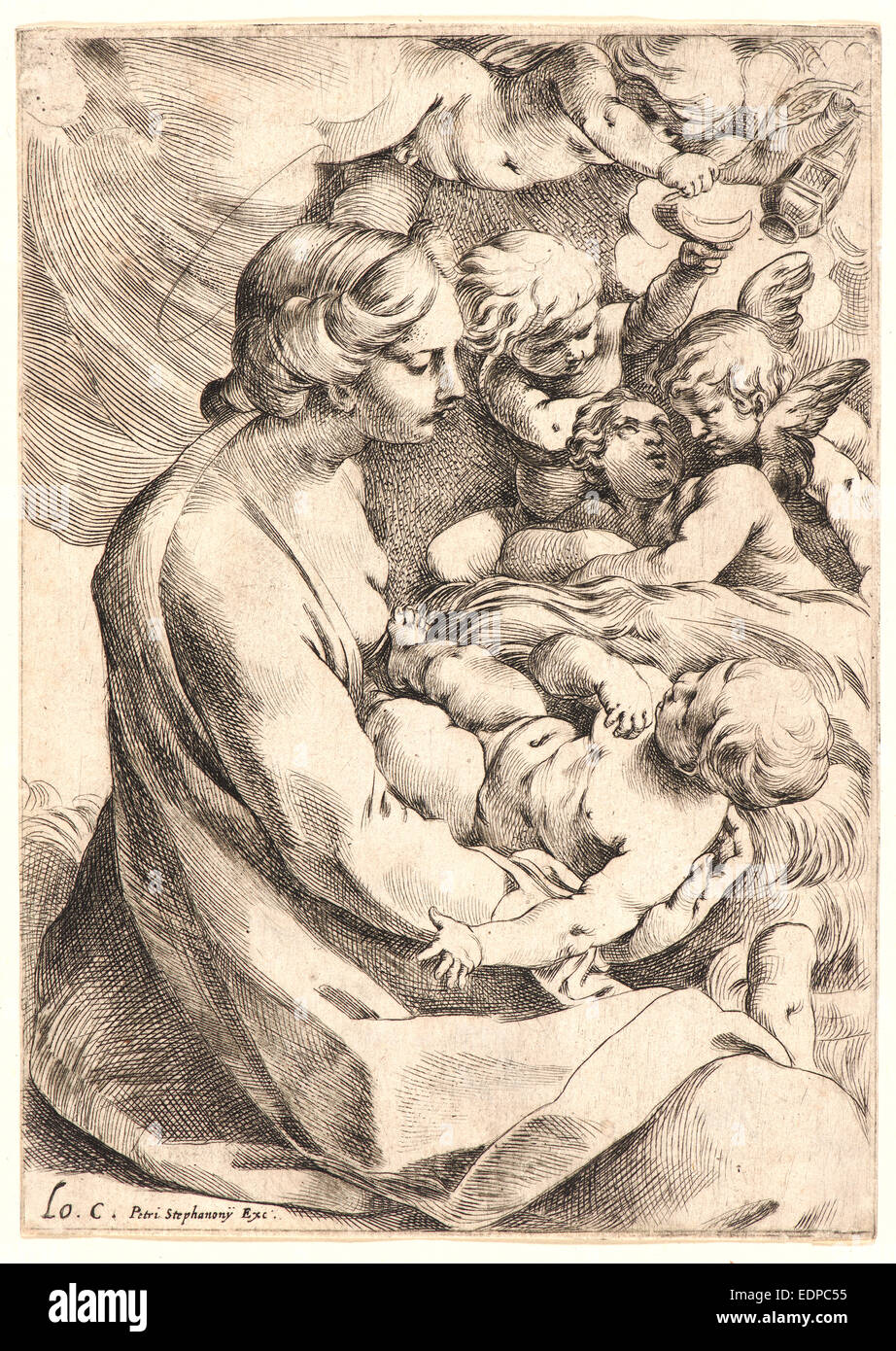 Attribuito a Lodovico Carracci (italiano, 1555 - 1619). Vergine con Bambino e angeli. Attacco Foto Stock